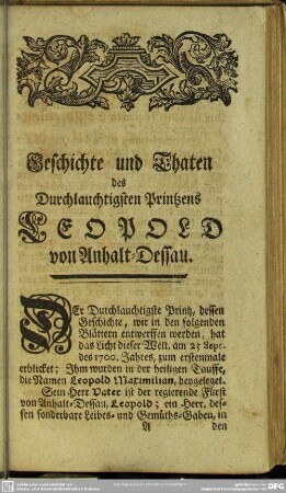 Geschichte und Thaten des Durchlauchtigsten Printzens Leopold von Anhalt-Dessau