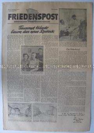 Wochenzeitung der DSF "Friedenspost" u.a. zum Wiederaufbau von Rostock und zur Jugend von Stalin (Beginn einer Serie)