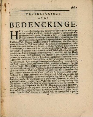 Wederlegginge Op De Bedenkinge Der Deductie, Van de Edele Groot Mogende Heeren Staten van Holland : Dienende Tot Justificatie van den Articul van Seclusie des Heeren Princen van Oraingien