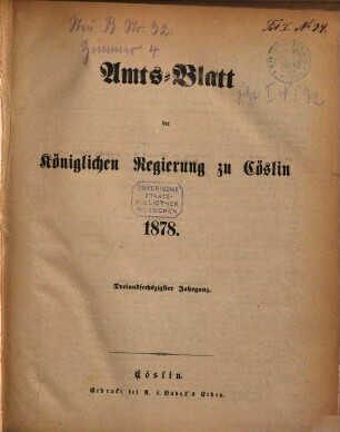 Amts-Blatt der preußischen Regierung zu Köslin. 1878 = Jg. 63