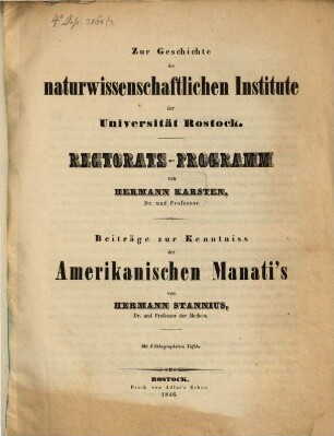 Zur Geschichte der naturwissenschaftlichen Institute der Universität Rostock : Rectorats-Programm ; mit 2 lithographirten Tafeln