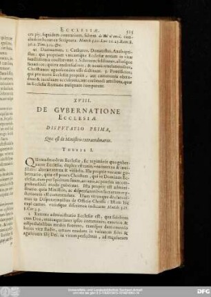 XVIII. De Gubernatione Eccelsiae Disputatio Prima, Quae est de Ministris extraordinariis.