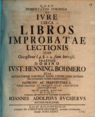 Dissertatio ivridica De ivre circa libros improbatae lectionis