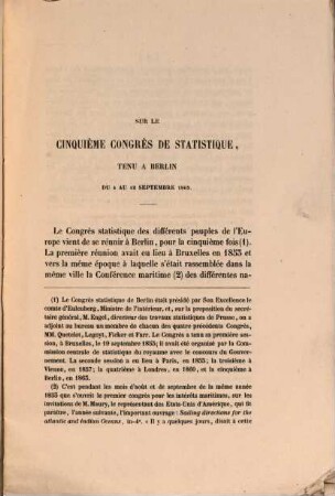 Sur le cinquième Congrès de Statistique, tenue a Berlin du 4 au 12 Septembre 1863
