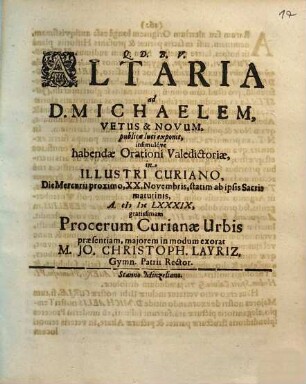 Altaria ad D. Michaelem, vetus & novum