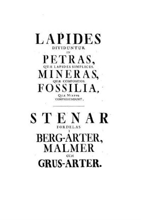 Lapides dividuntur in Petras, quae lapides simplices, Mineras, quae compositos, Fossilia, quae mixtos comprehendunt. - Stenar fördelas i Berg-Arter, Malmer och Gurs-Arter
