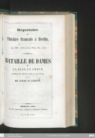 Bataille de dames ou un duel en amour : comédie en trois actes et en prose