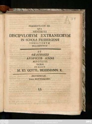 4: Commentatio ... Qva Memorias Discipvlorvm Extraneorvm In Schola Freibergensi Versatorvm Praemittit ...