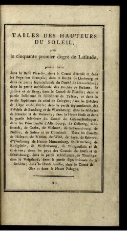 Tables des Hauteurs du Soleil, puor le cinquante premier dégré de Latitude...