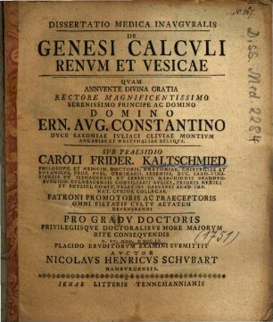 Dissertatio Medica Inavgvralis De Genesi Calcvli Renvm Et Vesicae