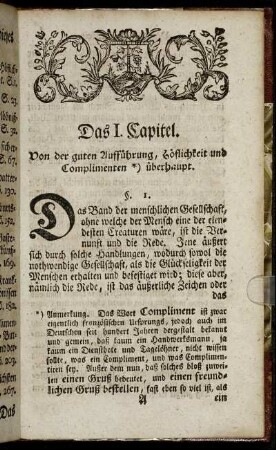 Das I. Capitel. Von der guten Aufführung, Höflichkeit und Complimenten überhaupt.