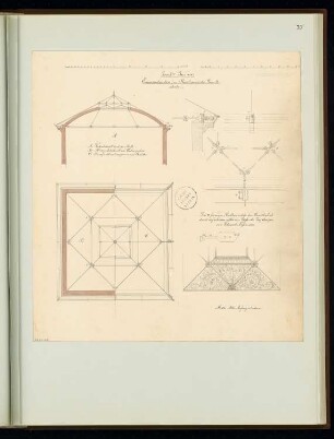 Gewölbte Decke über einem Treppenhaus mit Oberlicht Monatskonkurrenz Juni 1862: Horizontalschnitt und Vertikalschnitt der Konstruktion, Teilgrundriss der Deckenunterseite, Details; 2 Maßstabsleisten