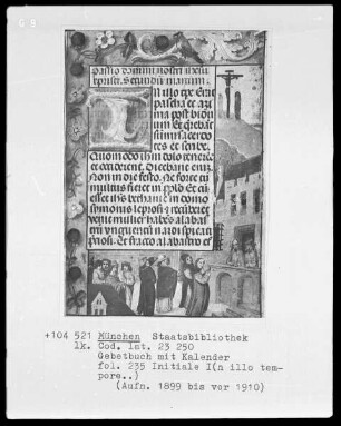 Gebetbuch mit Kalender — Ostentatio, im Hintergrund die Kreuzigung Christi, Folio 235recto