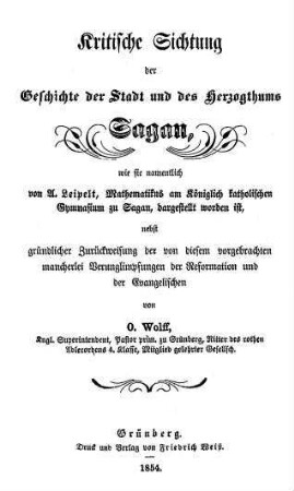Kritische Sichtung der Geschichte der Stadt und des Herzogthums Sagan