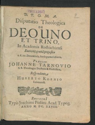 Disputatio Theologica De Deo Uno Et Trino