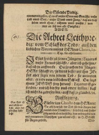 Die Achtet Leichpredig: vom Schlaff des Tods ...