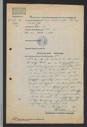 Benachrichtigung des Amtsgerichtes Halle an den Stipendienfonds des ADF z.H. Helene Lange