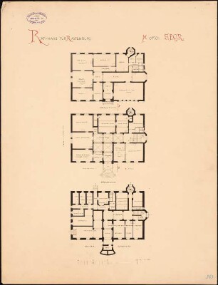 Rathaus, Rastenburg Monatskonkurrenz Juni 1884 (nicht die Originalzeichnung): Grundriss Keller, Erdgeschoss, Obergeschoss 1:150