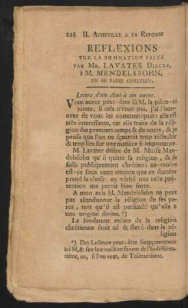 Reflexions Sur La Sommation Faite Par Mr. Lavater Diacre, à M. Mendelssohn, De Se Faire Chretien