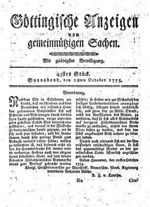 43stes Stück. Sonnabend, den 28ten October 1775.