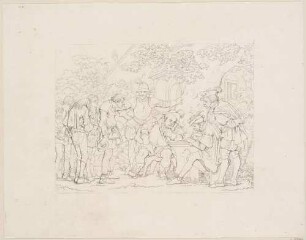 Zu Shakespeares "König Heinrich IV.", Teil 2, Blatt 9, 4. Akt, 4. Szene: Falstaff und Schaal am Tisch sitzend bei der Musterung der Rekruten