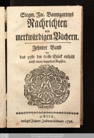10.1756: Siegm. Jac. Baumgartens Nachrichten von merkwürdigen Büchern