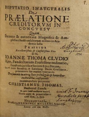 Disputatio Inauguralis De Praelatione Creditorum In Concursu