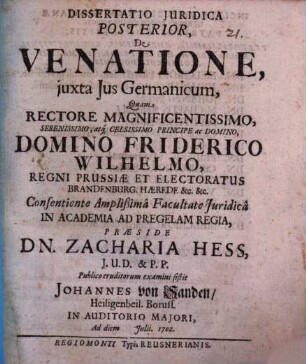 Diss. iur. ... de venatione, iuxta ius germ., Posterior