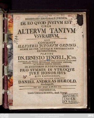 Dissertatio Inavgvralis Jvridica, De Eo Qvod Jvstvm Est Circa Altervm Tantvm Vsvrarivm