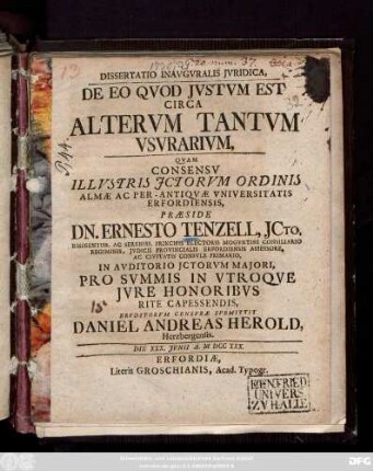 Dissertatio Inavgvralis Jvridica, De Eo Qvod Jvstvm Est Circa Altervm Tantvm Vsvrarivm