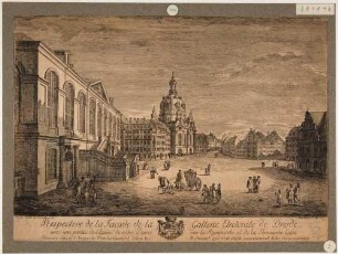 Der Neumarkt in Dresden nach Osten mit dem Johanneum (alte Gemäldegalerie, Stallgebäude) und der Frauenkirche