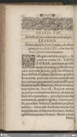 Oratio XIV. De bello, & jure armorum naturali, pro Erasmo. Habita die festo Petro Paulino, Academiae panegyrico. [MD]CXL. cùm tres Doctores Juris renunciarentur