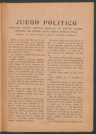 Juego político : Monólogo cómico político, original de Manuel Romero. Creación del primer actor cómico Enrique Muiño