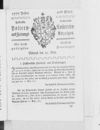 21tes Stück, Ausgabe vom 21. May 1777