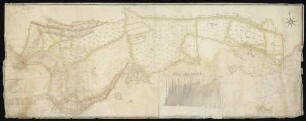 Baumerlenbach und Ohrnberg; "Gemeinschaftlicher Forst ..."; ohne Verfasser; 60 Ruten = 14 cm; 160 x 62 cm; Norden oben; Papier auf Leinwand; Federzeichnung; Wald, auch Baumbestand in Wasserfarben; Täler schraffiert.