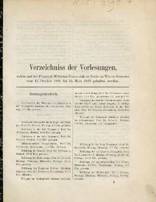 Verzeichnis der Vorlesungen. 1891/92, WS