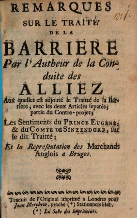 Remarques sur le Traité de la Barriere