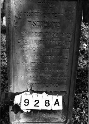 Grabstein 928 (Index: 99804219) Material: Sandstein Zustand: im unteren Drittel stark verwittert Maße HxBxT: 144x61x20 cm Beschreibung: Sockel, Stele mit verdachtem giebeligem Aufsatz Besonderheit: Endreim: Grabstein 928A