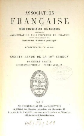 Comptes rendus de la ... session. 19. 1890, Partie 1