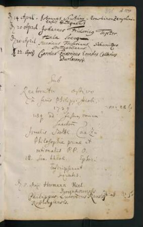 Sommerhalbjahr 1739. Rektorat Israel Gottlieb (Theophil) Canz