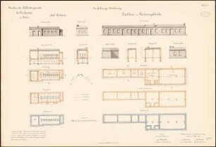 Neubau des Bekleidungsamtes des Gardecorps, Berlin: Hof-Latrine: Vorderansicht, Giebelansicht, Schnitte, Grundrisse Kellergeschoss Erdgeschoss Fundamente. Tischlerei und Remisengebäude: Vorderansicht Giebelansicht (Südost, Nordwest) Schnitte, Grundrisse Erdgeschoss Fundamente Zwischenfundamente