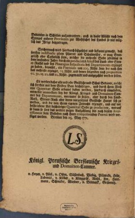 Avertissement Wegen der erhöheten Praemien für die Geistlichen und Schul-Bedienten, welche sich in Beförderung des Seiden-Baues vorzüglich hervorthun : [Breslau den 25. May 1771.]