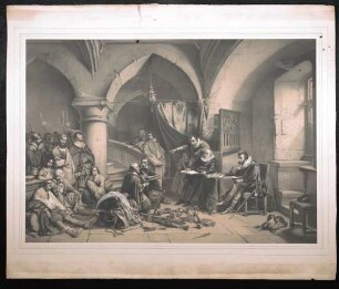 Lithographie mit Darstellung einer Gerichtsverhandlung in gotischem Raum