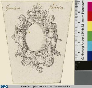 Leeres Schild mit allegorischen Figuren (Grammatica und Rhetorica)