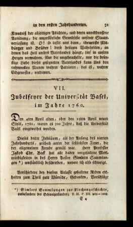 VII. Jubelfeyer der Universität Basel, im Jahre 1760
