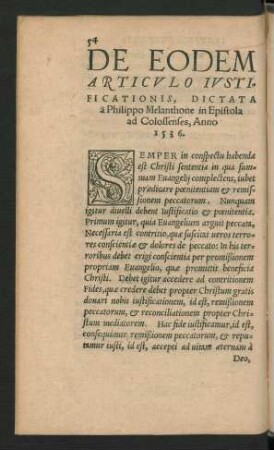 De Eodem Articulo Iustificationis, Dictata a Philippo Melanthone in Epistola ad Colossenses, Anno 1536.