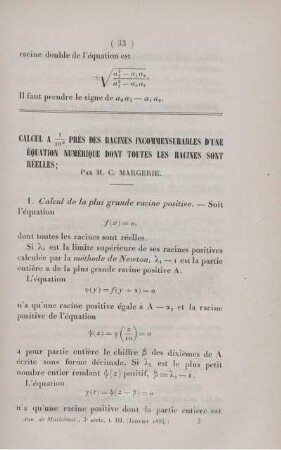 Calcul ... près de racines incommensurables d'une équation numérique dont toutes les racines sont réelles.
