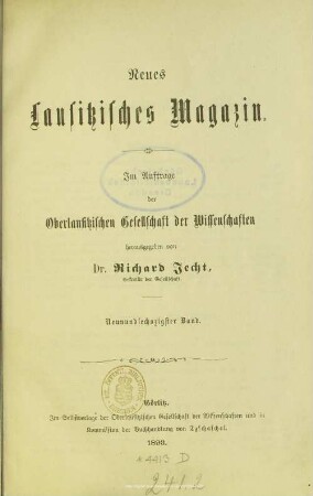 69.1893: Neues lausitzisches Magazin : Zeitschrift der Oberlausitzischen Gesellschaft der Wissenschaften
