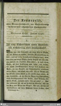 I. Ist eine Schaubühne einer Universität nachtheilig oder vortheilhaft?