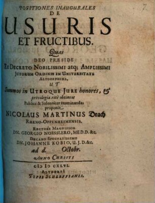 Positiones Inaugurales De Usuris Et Fructibus